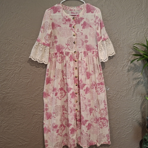 Bombay Pink Sundress with Bell Sleeves and Crew Neck Size S - Picture 1 of 6